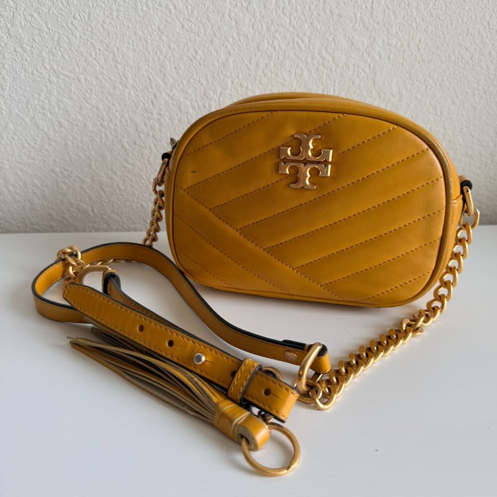 Tory Burch Kira Chevron Small Camera Bag Mustard Yellow Crossbody Leather